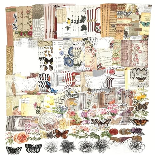 Esweny 260PCS Vintage Journaling Scrapbooking Supplies Scrapbook Sticker Paper Ephemera Pack for Junk Journal Planners Collage Craft Notebooks Album (Flowers and Butterflies) - color: Flowers and Butterflies