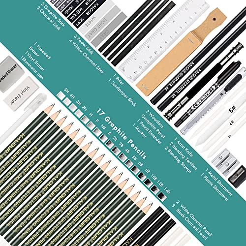 KALOUR 54-Pack Sketch Drawing Pencils Kit with Sketchbook,Include Graphite,Charcoal Pencils and Artists Tools,Pro Art Drawing Supplies for Adults Beginners,ideal for Sketching Shading