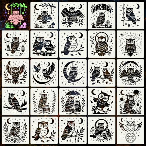 Owl Stencils for Crafts Reusable 24Pcs Stencils(5.9X5.9 inch) | DIY Art Painting Stencil Furniture Decor Kit for Wood Embroidery Wall Silk Screen Journaling - color: Owl 1