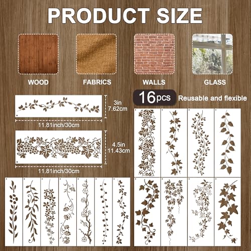 Keluna Leaf Vine Stencils for Painting - 16 Pcs Leaves Wall Stencils for Crafts Reusable, Flower Painting Stencils, Floral Spring Template for Painting on Wood Canva Home Decor - style: leaf vine stencil
