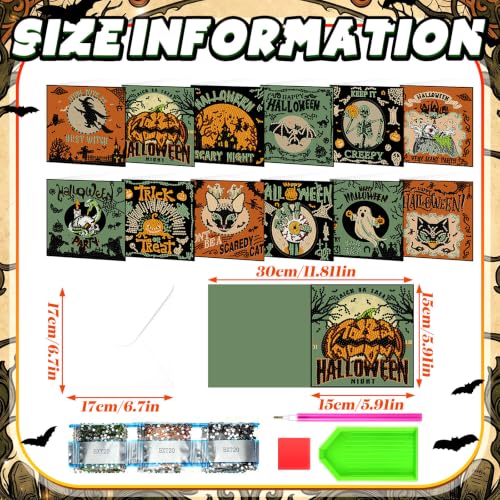 Saillong 12 Pack Halloween Diamond Painting Greeting Card Kits DIY Halloween Diamond Art Cards with Envelopes Green Black Cat Skull 5D Rhinestones Painting Kit for Adults DIY Craft Family Friend Gifts - color: Retro Halloween