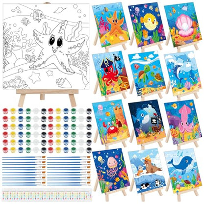 Tenceur 12 Sets Pre Drawn Canvas to Paint Adult Stretched Coloring Painting Canvas Panels with Design Easel and Brushes for Party Supplies Beginner Favor(Sea Animal) - style: Sea Animal