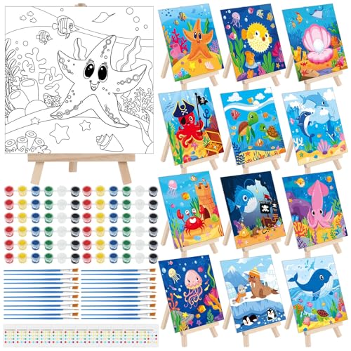 Tenceur 12 Sets Pre Drawn Canvas to Paint Adult Stretched Coloring Painting Canvas Panels with Design Easel and Brushes for Party Supplies Beginner Favor(Sea Animal) - style: Sea Animal