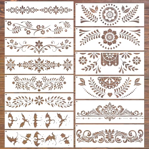 Keluna Border Stencils for Painting - 14 Pcs Reusable Mexican Talavera Flower Crafts Templates Floral Leaf Dragon Stencils for Painting on Wood Wall DIY Art Craft Canvas Fabric Home Décor - style: talavera