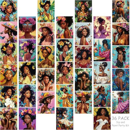 Harloon 36 Pcs 8 x 10 Inch Pre Drawn Canvas for Painting Afro Flower Butterfly Queen Pre Stretched Canvas Painting for Adults Outline for Sip and Paint Party Supplies Favor (Butterfly Queen) - style: Butterfly Queen