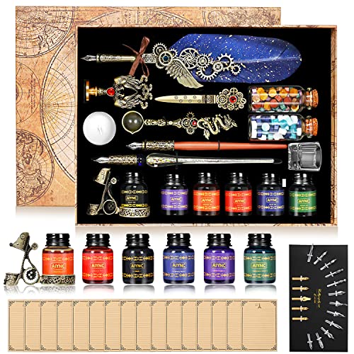 Quill Pen Ink Set, With Quill Pen, Wooden Dip Pen, Glass Dip Pen, 6 Bottles Ink, 16 Letter Paper, 2 Envelopes, 17 Nibs, Pen Holder,2 Bottles Fire Lacquer Wax, Stamp, Spoon, White Wax, Cup(Blue) - color: Blue