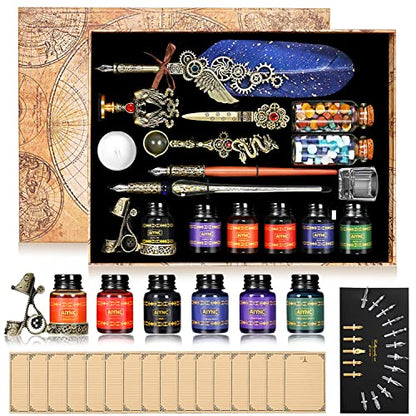 Quill Pen Ink Set, With Quill Pen, Wooden Dip Pen, Glass Dip Pen, 6 Bottles Ink, 16 Letter Paper, 2 Envelopes, 17 Nibs, Pen Holder,2 Bottles Fire Lacquer Wax, Stamp, Spoon, White Wax, Cup(Blue) - color: Blue