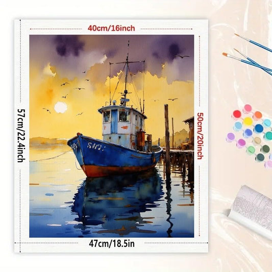 Seascape Paint by Numbers Kit for Adults - DIY Fishing Boat at Sunset Dock Painting on Canvas 16x20In, Acrylic Paint Set, Suitable for Beginners, Art for Home Decoration or Gifts - color: HSX01565, size: 16X20IN Folded
