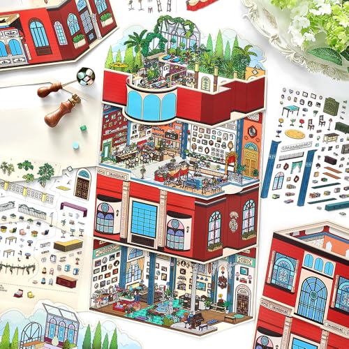 4PCS Foldable 3D Sticker Scene Book for Adults & Teens, DIY Isometric House Scenes, Large Build-Your-Own Room Sticker Set, Relaxing Sticker Therapy Art Kit - style: Rome Hotel