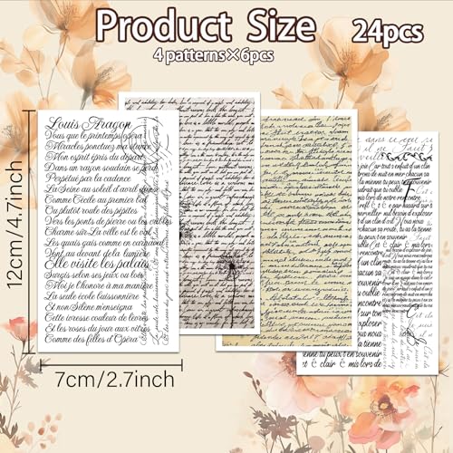 OLYCRAFT 24Pcs 4 Styles Handwritten French Clay Transfer Paper for Polymer | Handwritten Poetry Polymer Clay Transfer Sheets, Vintage Theme Small Transfer Paper Decal for Clay Earrings Jewelry Making - style: Handwritten French