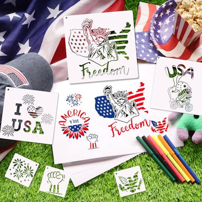 OOTSR Patriotic Stencils for Painting, 28 PCS 4th of July Reusable Stencil Templates for Cookie Cake Scrapbooking Wood Drawing, American Independence Day Stencil for Art Projects DIY Decoration