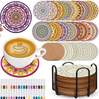 Reallnaive 77 Pcs Mandalas Coasters Painting Kit, 20 Set Wooden Drink Coasters 4 Inch with Holder & Markers Boho DIY Crafts for Adults, Women, Hobby, Color Your Own Art Craft Supplies - style: Mandalas