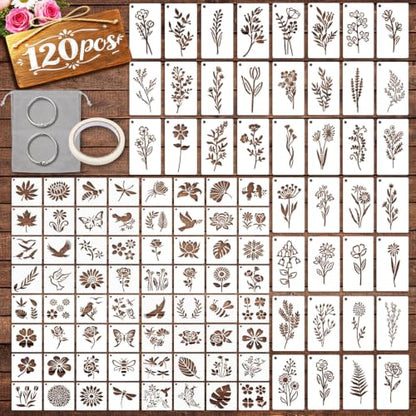 120Pcs Flower Stencils for Painting Reusable 3x6in with Ring Pouch | 2 Sizes Large Small, Wildflower Dragonfly Botanical Butterfly Stencils for DIY, Crafts, Wall, Fabric Art, Wood Signs