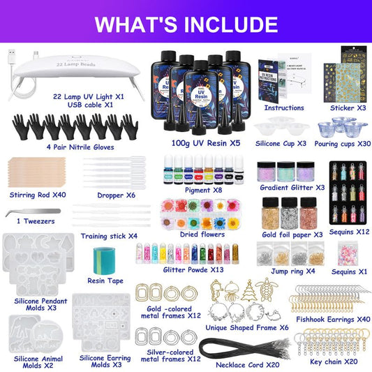 KISREL UV Resin Jewelry Making Kit - 500g Crystal Clear UV Resin, Large Light with 22 Beads and Jewelry Molds, Fast Curing for Keychains, Earring Making, DIY Craft Decorations - size: 500g