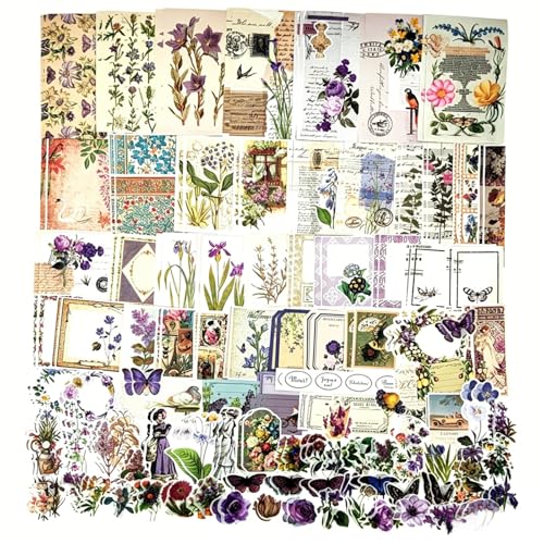 Esweny 200PCS Vintage Scrapbooking Supplies Kit, Scrapbook Sticker Paper Pack for for Planners Aesthetic Cottagecore Room Decor Wall Art Collage Album - style: Purple Series