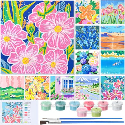 Nezyo 12 Sets Paint by Numbers with Frame for Adults, DIY Acrylic 8x8in | Beginner-friendly Canvas Kits, Party Activity or Birthday Gifts, Includes Brushes with Paints, Pre-framed Ready to Hang - style: Landscape