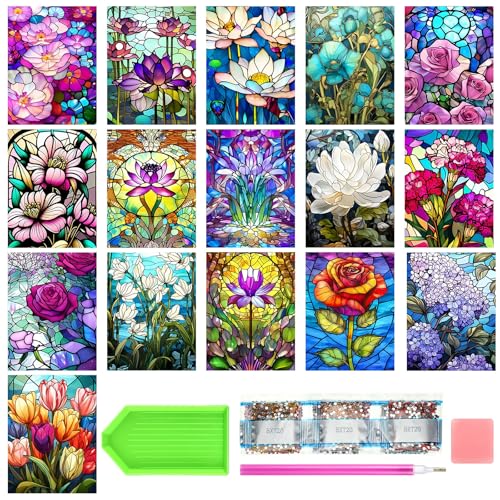 Jaloro 16 Pack 5d Diamond Painting Kits for Adults DIY Flower Animal Diamond Painting Kits Round Crafts for Adults Beginner Home Wall Decoration Gift 11.8 x 15.7 Inches (Flower) - style: Flower