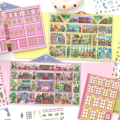 2PCS Foldable 3D Sticker Scene Book for Adults & Teens, DIY Isometric House Scenes, Large Build-Your-Own Room Sticker Set, Relaxing Sticker Therapy Art Kit - style: Budapest Hotel