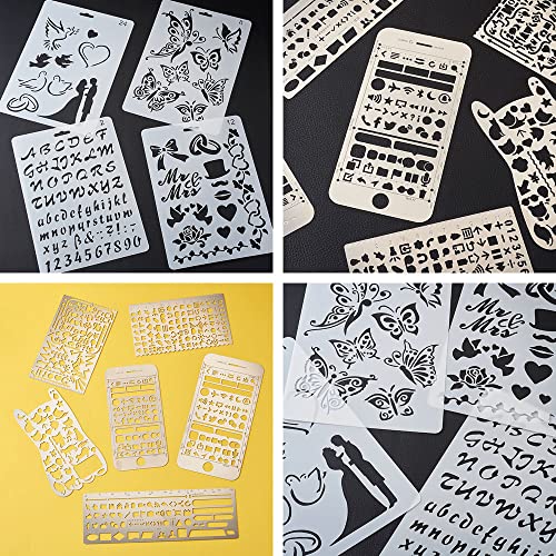 KISSITTY 10Pcs/Set Plastic & Stainless Steel Drawing Stencil Kits Reusable Painting Stencil Bookmark Metal Journal Templates Craft Stencils for DIY Scrapbook Album Wedding Card Journal Painting
