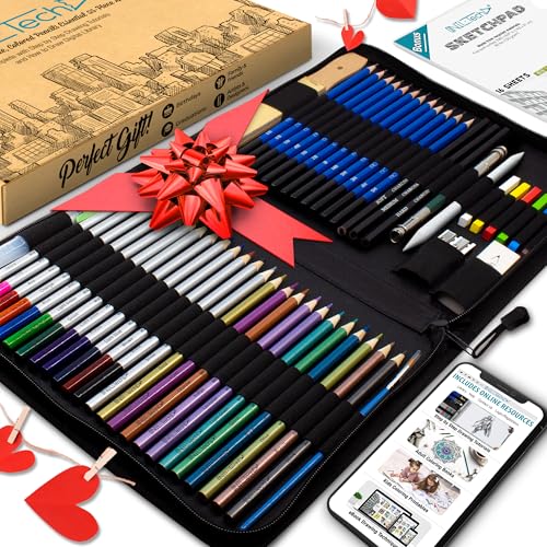 NIL - TECH 55-Piece Drawing Pencil Set – Colored, Graphite & Charcoal Pencils with Case & eBook – Art Supplies Kit for Beginners, Students & Adults – Sketching, Shading & School Gift Set - color: Multicolor
