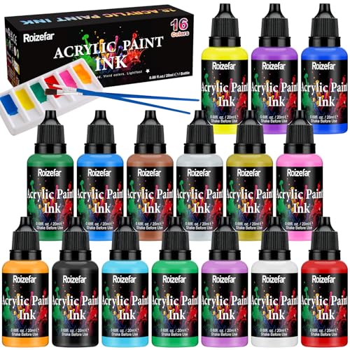 Acrylic Paint Ink Set, 16 Colors Liquid Acrylic Paint for DIY | 2 Brushes & 1 Palette, Drawing Ink Set, Artists Inks, Ideal for Pouring Art, Mixed Media Projects (20 ml/0.68 fl oz)