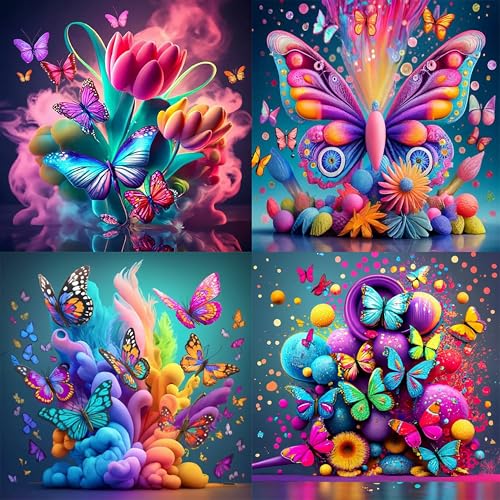 FLAJZ 4 Pack Diamond Art Kits for Kids, 5D Cartoon Cute Animals Dimond Art Kits, Diamond Painting Kits for Kids Beginners, DIY Full Drill Round Mosaic Gem Art Kits for Home Wall Decor 6x6 Inch - color: Butterflies