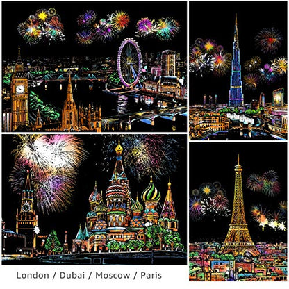 8-Sheet Rainbow Scratch Art with Tools for Adults & Teens, A4 Landmarks - color: Gray