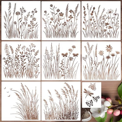 Large Flower Stencils for Walls Floral Stencils for Wood Fence | Reusable Wildflower Stencil for Painting on Canvas Fabrics Furniture - style: Wildflower 03