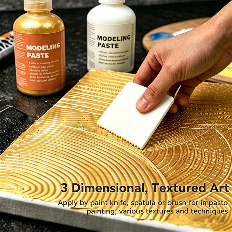 Black & Golden Acrylic Modeling Paste & 5pcs Piping Bags Bags & Squeegee with Teeth, Acrylic Medium for Texture Art, Texture Paste for Acrylic Painting, Canvas, Sculpture, Art Projects, 3D Effect - color: Black & Golden Modeling Paste + 5pcs Bags+ 2pcs To