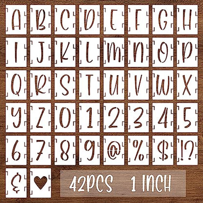 BAMIDELE 1 Inch Alphabet Letter Stencils, 42 Pcs Reusable Plastic Letters Numbers Symbol Interlocking Drawing Template Kit for Painting on Wood, Fabric, Rock, Chalkboard, Door Porch, Wall, Signage - size: 1 Inch