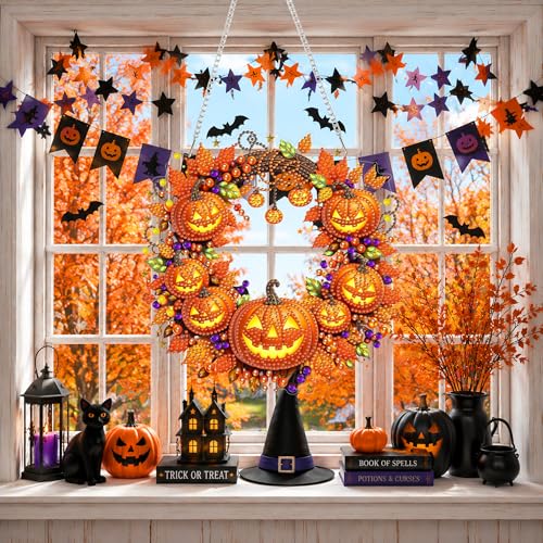 Eiflow Acrylic Diamond Art Hanging Kit for Adults, DIY Diamonds Painting Door Hanger Board Kit, Special Crystal Diamond Art Painting Pendant Ornament (Pumpkin Wreath) - color: Pumpkin Wreath