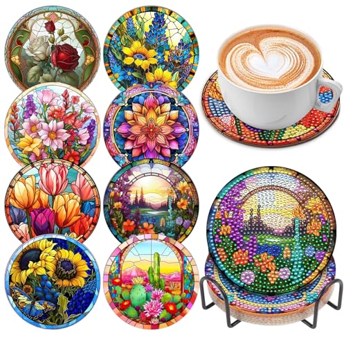 8 Pcs Diamond Art Painting Coasters with Holder, DIY Colorful Flowers Diamond Art Coasters for Drinks Diamond Art Painting Kits for Beginners, Diamond Kits Craft Supplies for Adults - color: Colorful Fowers