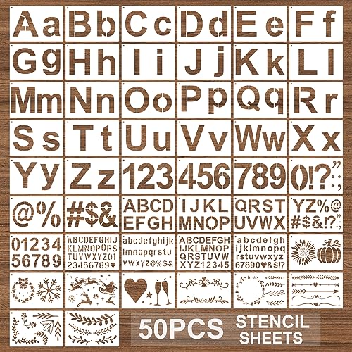 BAMIDELE Letter Stencils for Painting on Wood, 50 Pcs Alphabet Drawing Templates with Numbers, Signs, Flowers, Reusable Plastic Art Craft Stencils - style: Regular Font Stencil