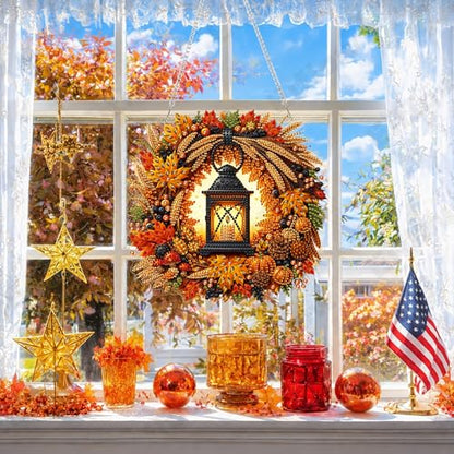 Eiflow Acrylic Diamond Art Hanging Kit for Adults Fall Wreath, DIY Diamonds Painting Door Hanger Board Kit, Special Crystal Diamond Art Painting Pendant Ornament (Lantern) - color: Lantern Wreath