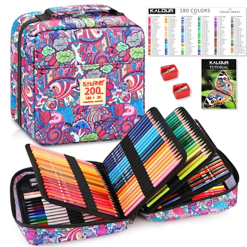KALOUR PDAS 200 PCS Colored Pencils Set for Adult Coloring Books with Tutorial & Color Chart, 180 Artists Colored Pencils, 12 Watercolor Pencils, Art Supplies Gift, Portable Zipper Case