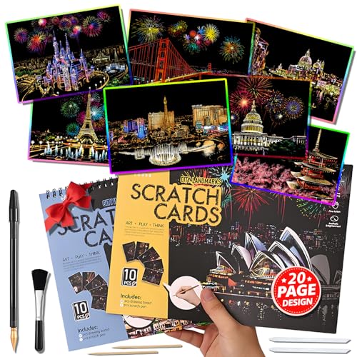 20 PCS Cityscape Scratch Art Book Crafts for Adults Teen, Rainbow Landmarks | DIY Colorful City Series Painting Paper, ASMR Stress-Relief Engraving Kit Scratchboard, travel crafts and creative gifts - color: Rainbow Landmarks