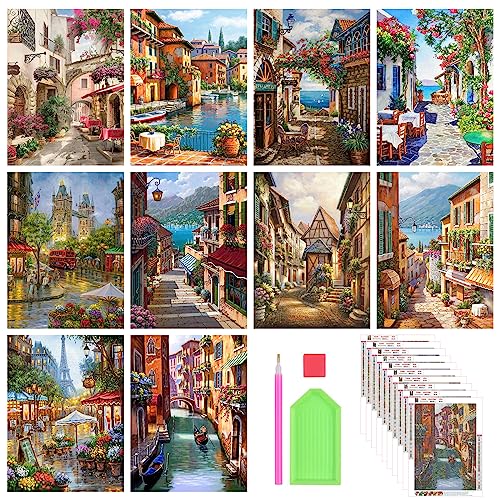 Stalente Diamond Painting Kits for Adults, 10 Pack 5D Diamond Art Kits for Beginners Round Full Drill Diamond Painting for Home Wall Decoration Gift 12×16inch, Street Landscape - color: Street