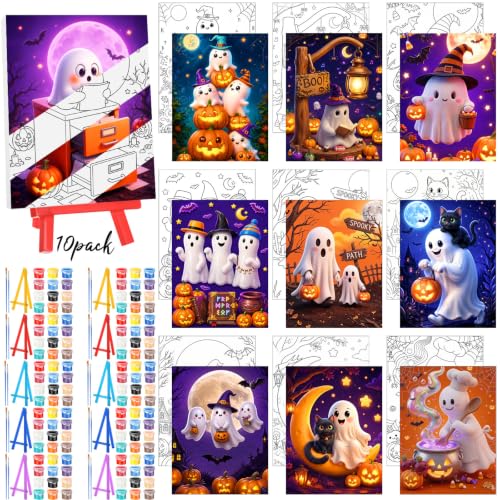 Sip and Paint Kit, Halloween Pre Drawn Outline Canvas with Wood Easels, Acrylic Paints, Beginner Friendly DIY Project - style: Cute Ghost