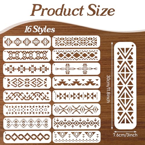 Aztec Stencils, 16Pcs Reusable Boho Border Templates, Geometric Templates for Painting on Walls, Wood, Furniture & Canvas, Tribal Stencils for Home Decor, 11.8" x 3"