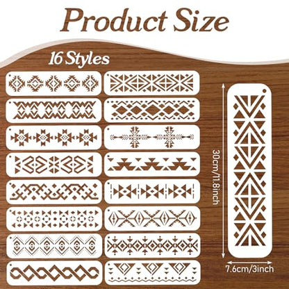 Aztec Stencils, 16Pcs Reusable Boho Border Templates, Geometric Templates for Painting on Walls, Wood, Furniture & Canvas, Tribal Stencils for Home Decor, 11.8" x 3"