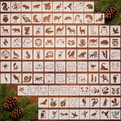 Fainne 100 Pcs 1.5 Inch Animals Theme Small Stencils for Crafts | Reusable Painting Stencils for Wood Wall Card Making Scrapbooking Journaling, Portable Craft Templates - style: Animals