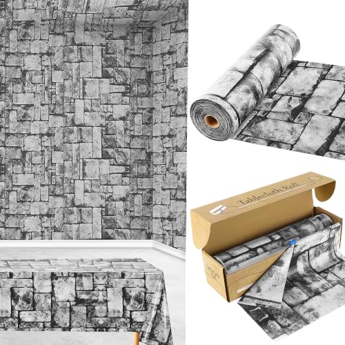 200FT x 54IN Stone Wall Plastic Tablecloth Roll with Slide Cutter Box | Heavy Duty Disposable Table Cover & Wall Backdrop, Cut-to-size for Medieval Party, Community, BBQ & Holiday Events - color: Deep Gray, size: 2400" x 54" (Rectangular)