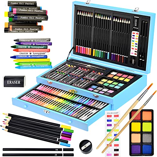 Sunnyglade 145 Piece Deluxe Art Set Wooden Art Box & Drawing Kit Blue - color: Blue