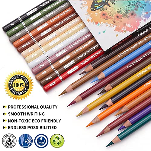 PANDAFLY Professional Colored Charcoal Pencils Drawing Set, 24 Colors - color: 24 Colors