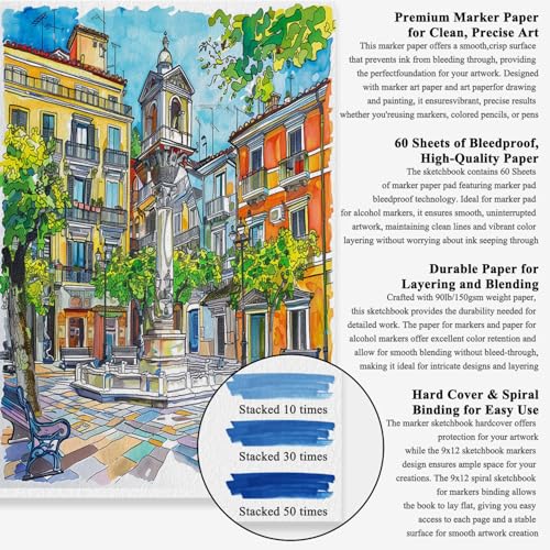 Marker Paper Sketchbook 9x12, 60 Sheets Marker Pad for Alcohol Markers, 90lb/150gsm Paper for Markers with No Bleeding, Sketch Book for Alcohol Markers bleedproof for Adults, Artists, Beginners, Kids. - size: 9" × 12", 60 Sheets
