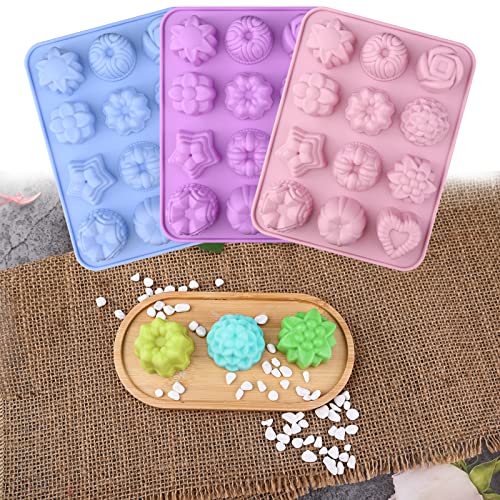 Sakolla 3 Pack Flower Soap Molds, 12 Cavities Different Shapes Silicone Molds for Soap, Lotion Bar, Bath Bombs, Chocolate, Candy - color: Flower/3 Colors