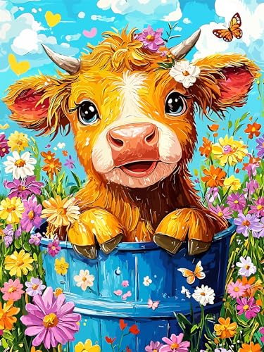 Yunnuo Highland Cow Diamond Art Kits for Adults,Animal Flowers Diamond Painting Kits for Beginners, DIY 5D Diamond Dot Art for Wall Decoration and Gifts (12x16 in/30x40 cm) - color: D020-highland cow 30x40cm