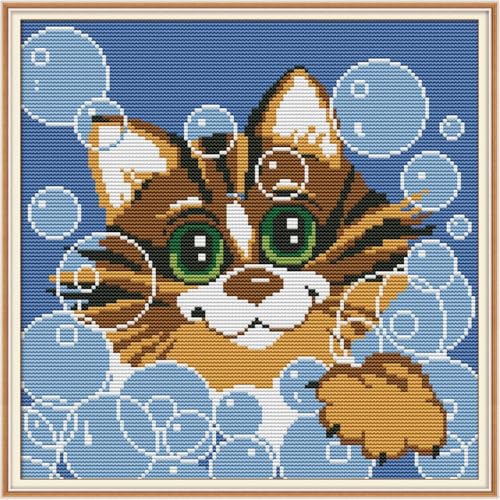 Cat bathing Stamped Cross Stitch Kits,Animals 11CT Printed Cross-Stitch Needlepoint Kits ,Easy Patterns Counted Embroidery Kit for Beginners Gift DIY Wall Decor - (Bubble Cat(11CT)15.35 x15.35 inches) - color: Bubble Cat(Printed))15.35 x15.35 inches