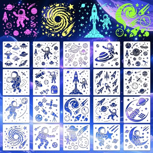 Space Astronaut Stencils for Crafts Reusable 20Pcs Stencils(5.9X5.9 in) | DIY Art Painting Stencil Furniture Decor Kit for Wood Embroidery Wall Silk Screen Journaling - color: Space 1