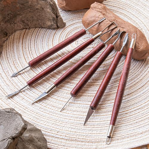Clay Tools Sculpting, Double-Sided Polymer Carving Tools Kit, Wood Ceramic Tool Set for Pottery, Air Dry Clay, Polymer Clay, Sculpting, Modeling, Pumpkin Carving and Supplies - color: Stained Wood-6PCS